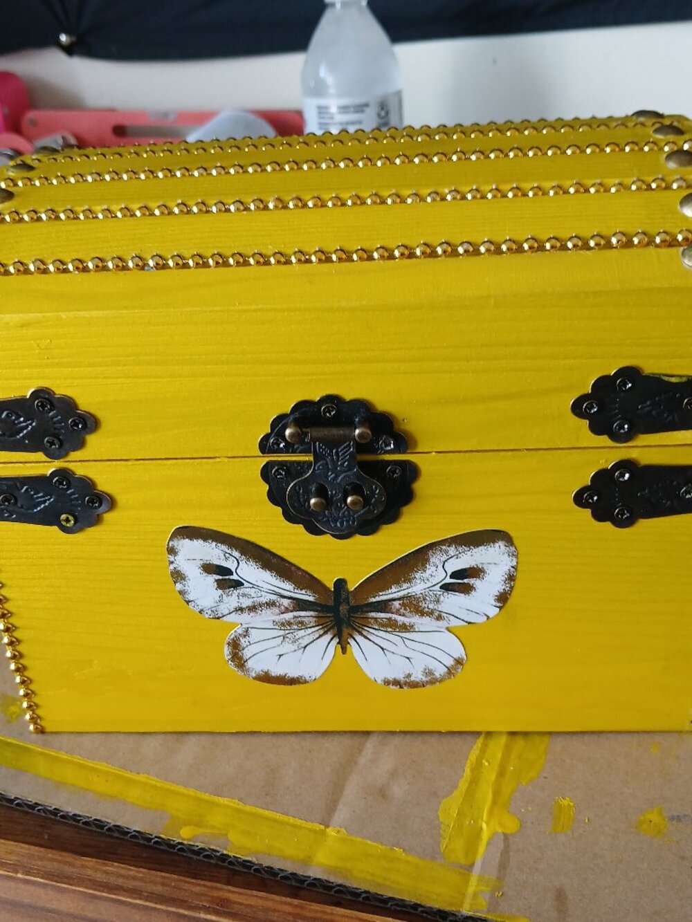 ​Handmade Yellow Wooden Jewelry Box with Gold Beading & Vintage Clasp Keepsake